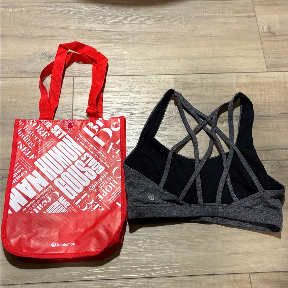 Lululemon Women's Charcoal Strappy Back Sports Bra with Red Bag Size 6 No Pads